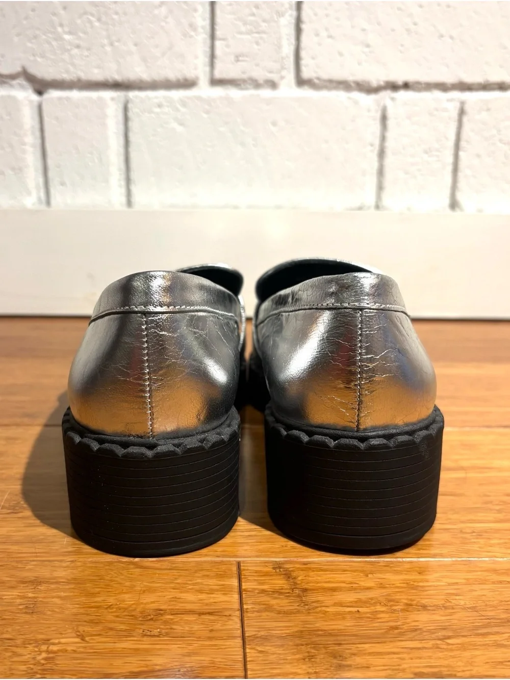 Vince Camuto Silver Crinkle Leather Chunky Sole Loafers